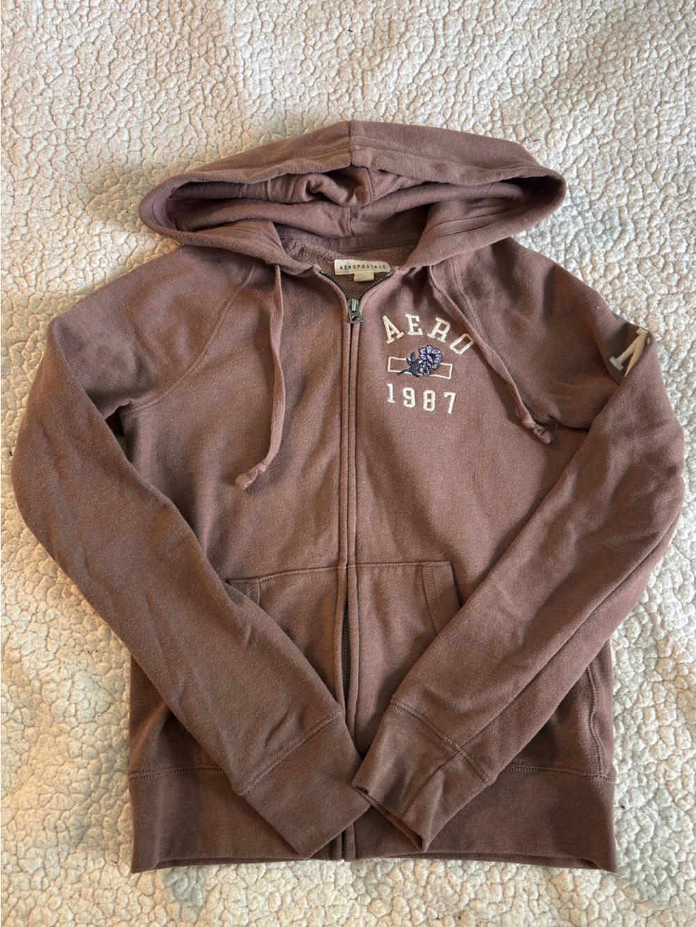Aeropostale Light Brown Tapered Zip-Up Hoodie New York Sleeve Floral Logo XS